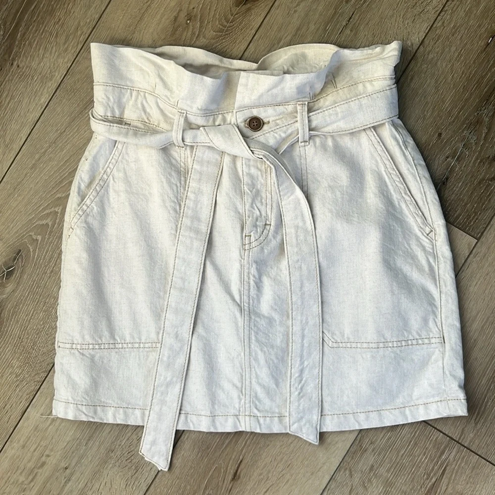 Free People Splendor In The Grass Oatmeal Denim Skirt Paper bag Waist
